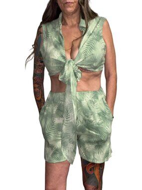 Sz.L*Elsie*2 Pc. Green Jungle-Foliage Halter Top & Short Set